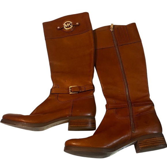 MICHAEL KORS Logo Leather Cognac Riding Boots Sz 9 Women - Picture 5 of 11
